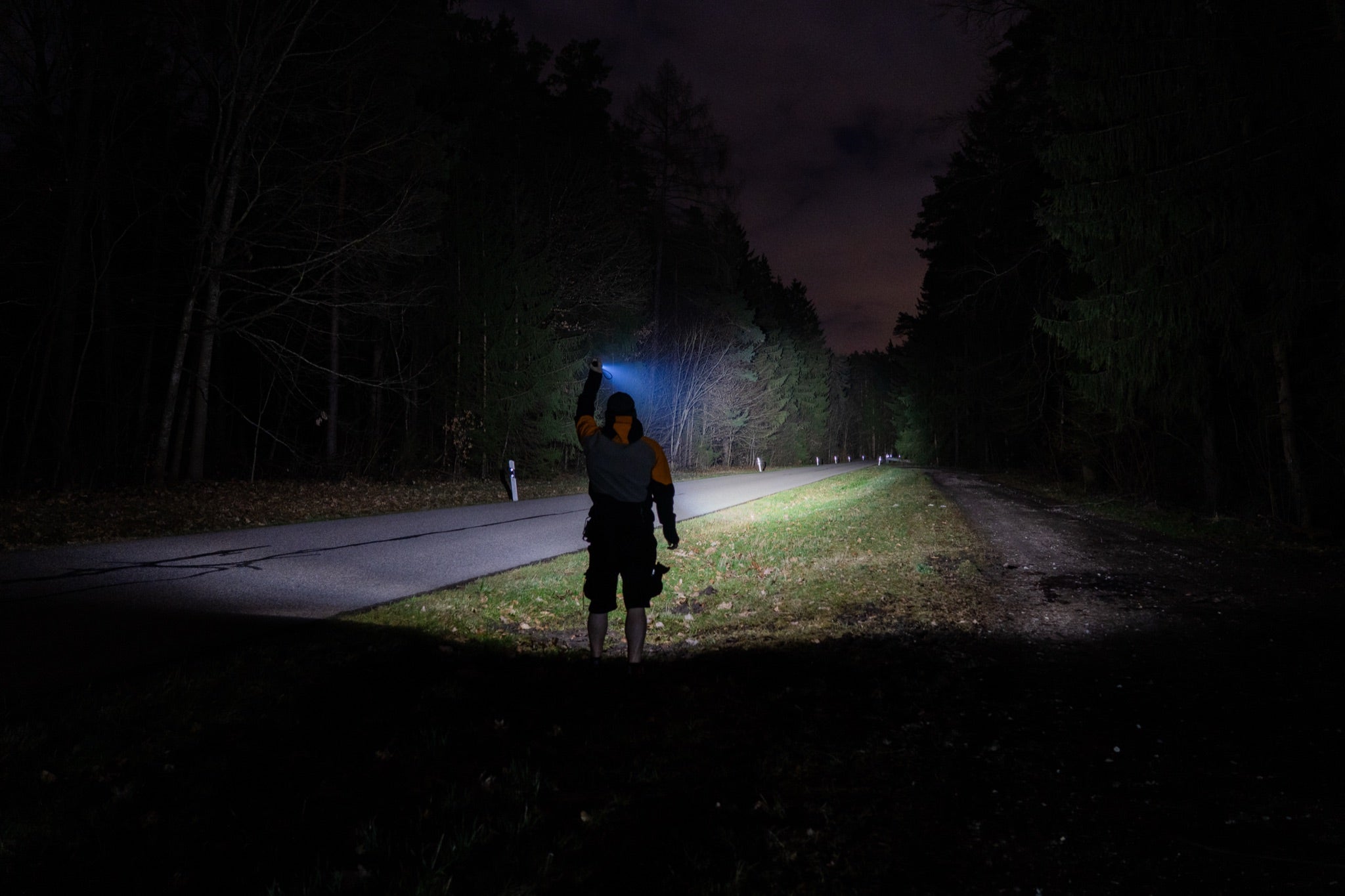 Zweibrüder torch raised to signal on a dark forest road at night