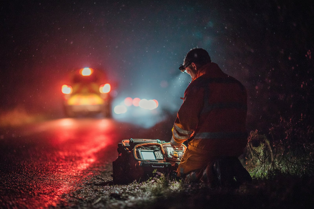 Paramedic working at a roadside incident at night, head torch lit beside an equipment case