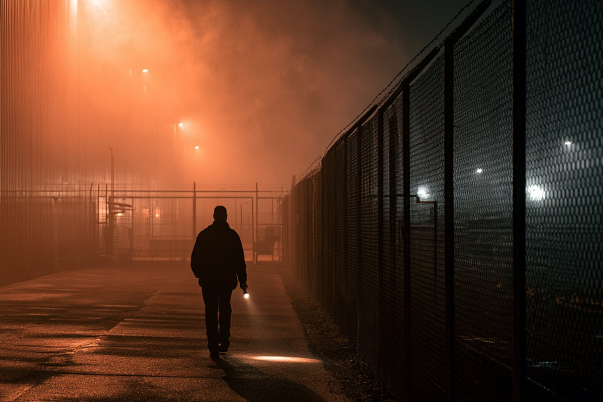 Security officer patrolling a fenced perimeter in fog at night, torch beam lighting the path